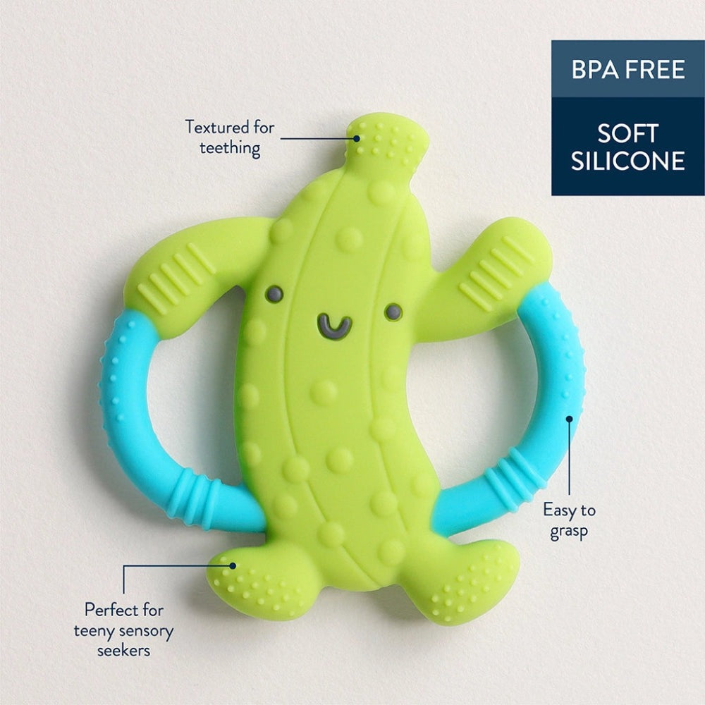 Itzy Ritzy Chew Crew teething toy, lime green crocodile with blue handles, BPA-free silicone
