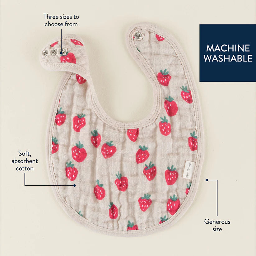 Itzy Ritzy Itzy Bibs baby bib in strawberry print; soft cotton, adjustable three-snap neck, machine washable.
