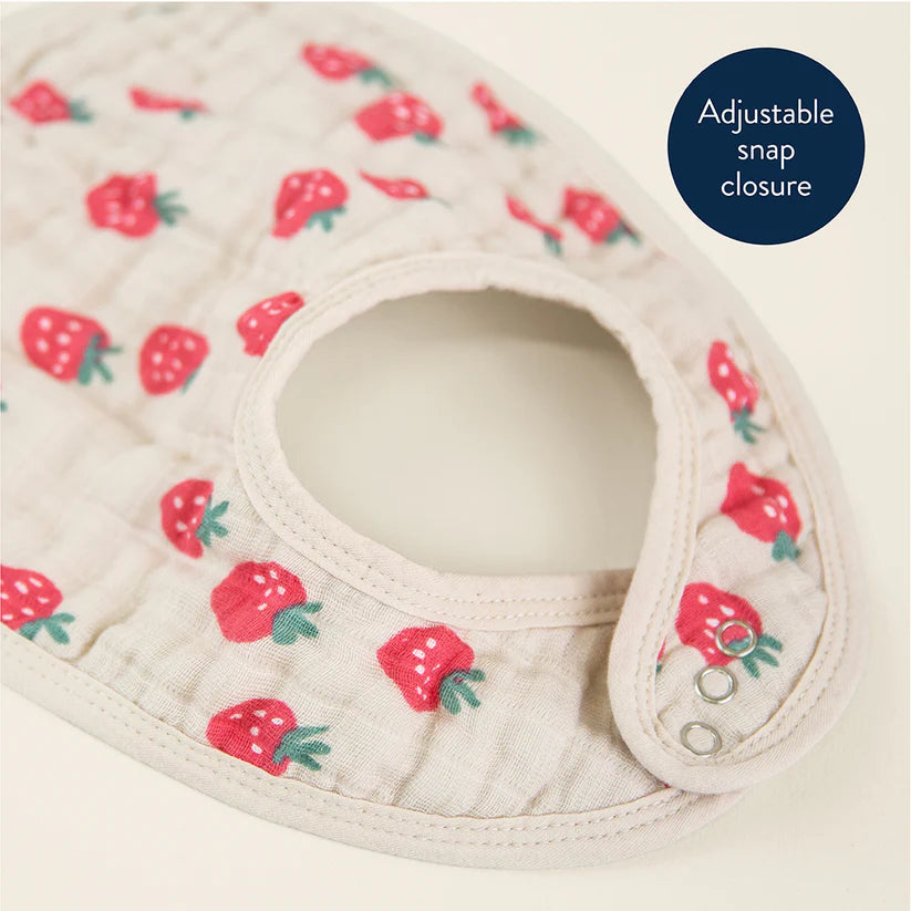 Itzy Ritzy Itzy Bibs strawberry-print baby bib in soft pink fabric with adjustable snap closure on the tab.