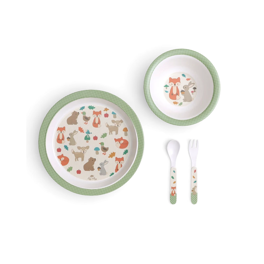 Itzy Ritzy Itzy Bistro Woodland four-piece set with plate, bowl, fork and spoon
