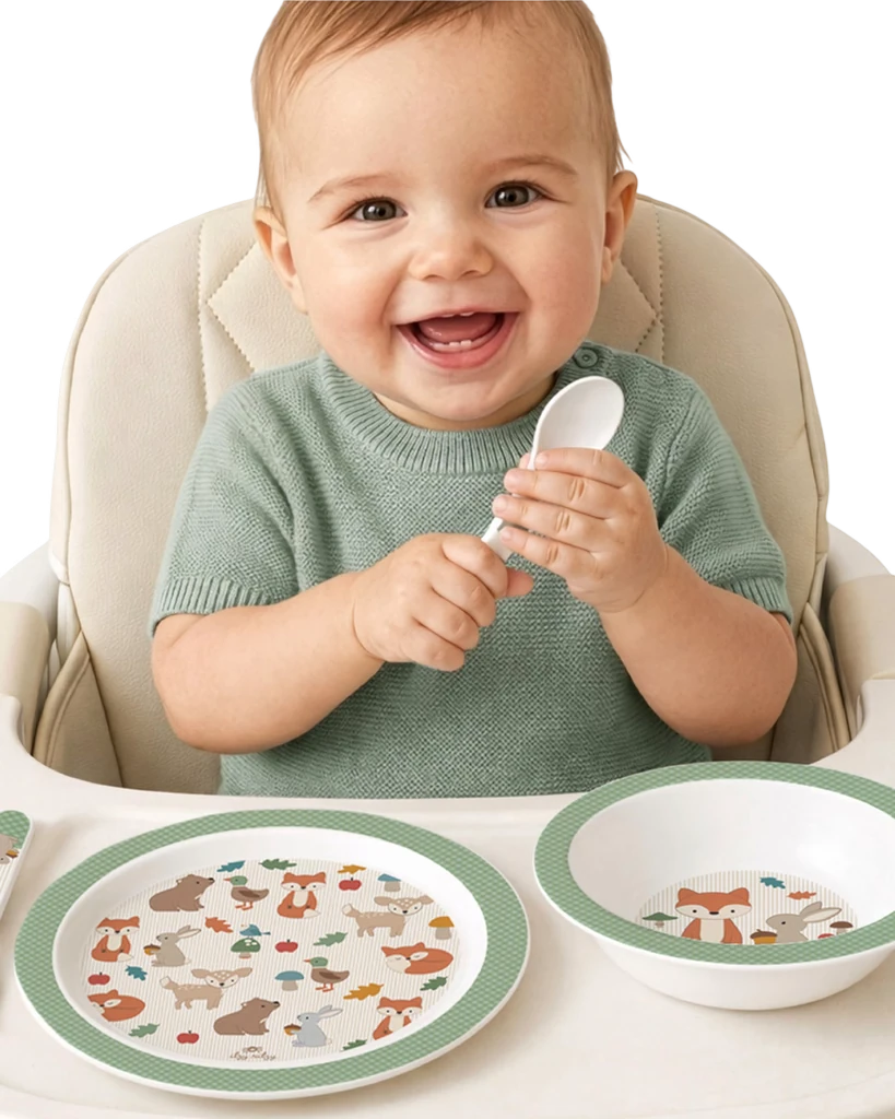 Child holding the Woodland Itzy Bistro spoon with matching plate and bowl on a highchair tray