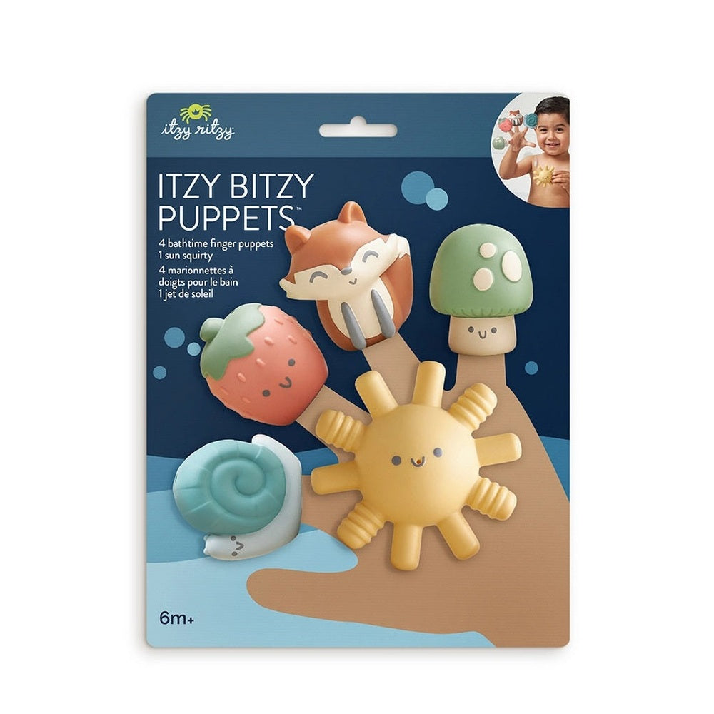 Itzy Ritzy Itzy Bitzy Puppets five bath finger puppets: strawberry, fox, mushroom, snail, sun