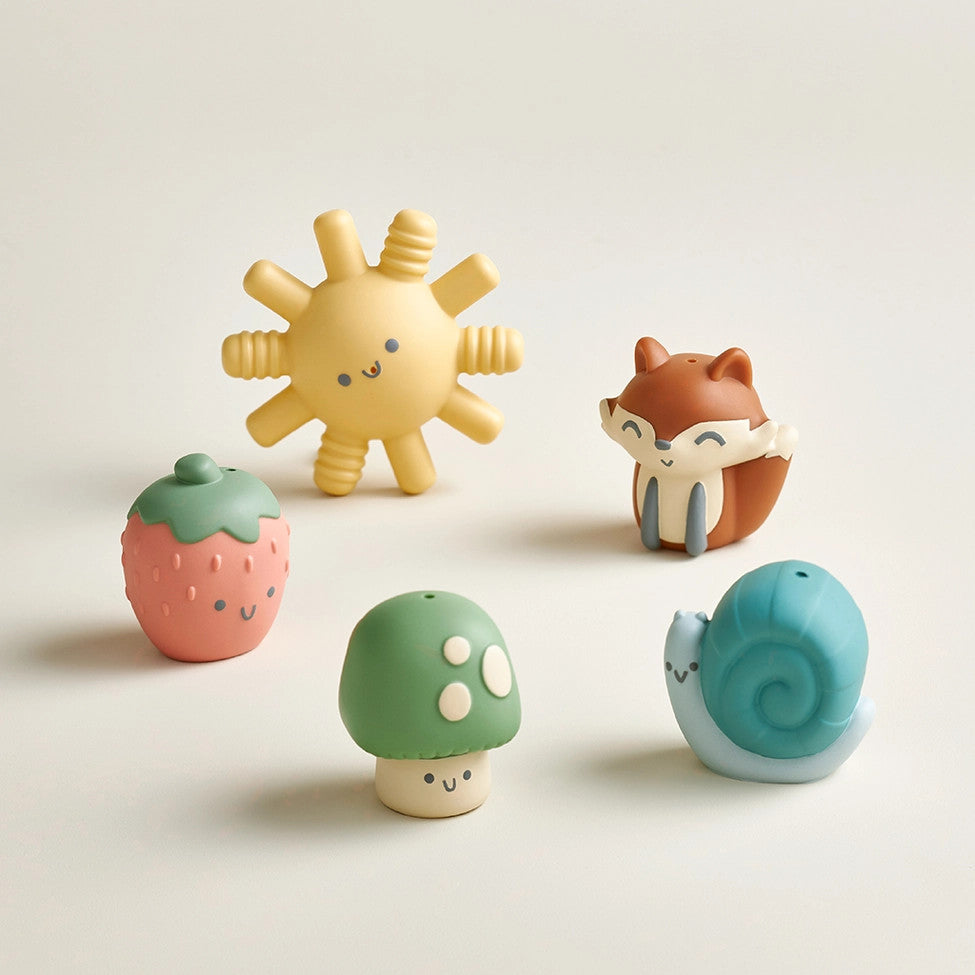 Itzy Ritzy Itzy Bitzy Puppets bath toys; set of 5 colorful characters sun, fox, strawberry, mushroom, snail