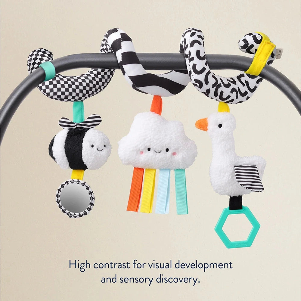 Itzy Ritzy Itzy Bitzy spiral car seat activity toy with three plush charms-cloud, bee, bird-and bright ribbons