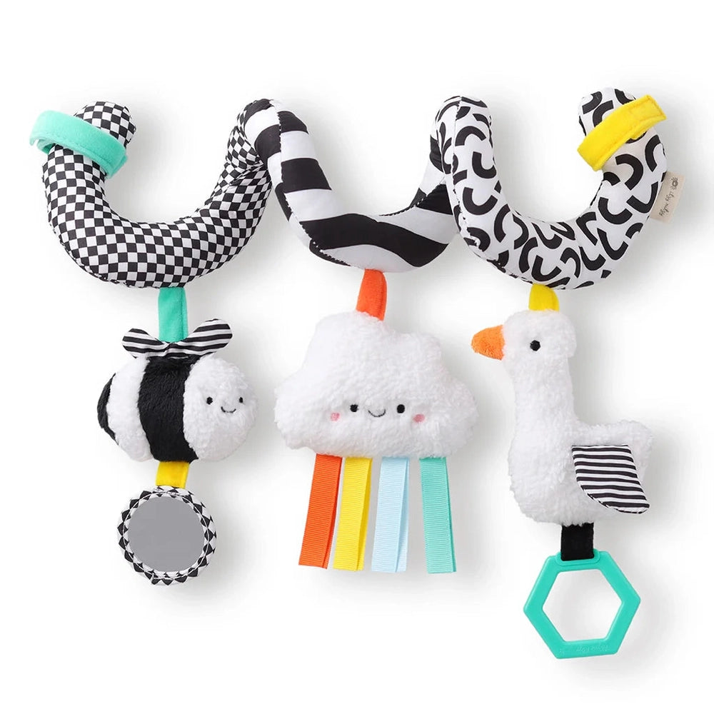 Itzy Ritzy Itzy Bitzy spiral car seat activity toy with plush cloud, sheep and duck and colorful ribbons