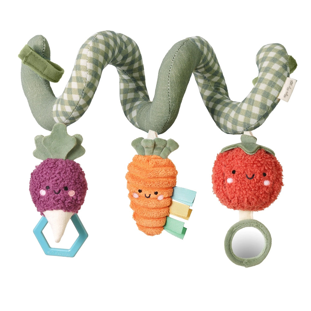 Itzy Ritzy Itzy Bitzy Spiral Car Seat Activity Toy with a green checkered spiral and smiling fruit plush charms plus a small mirror