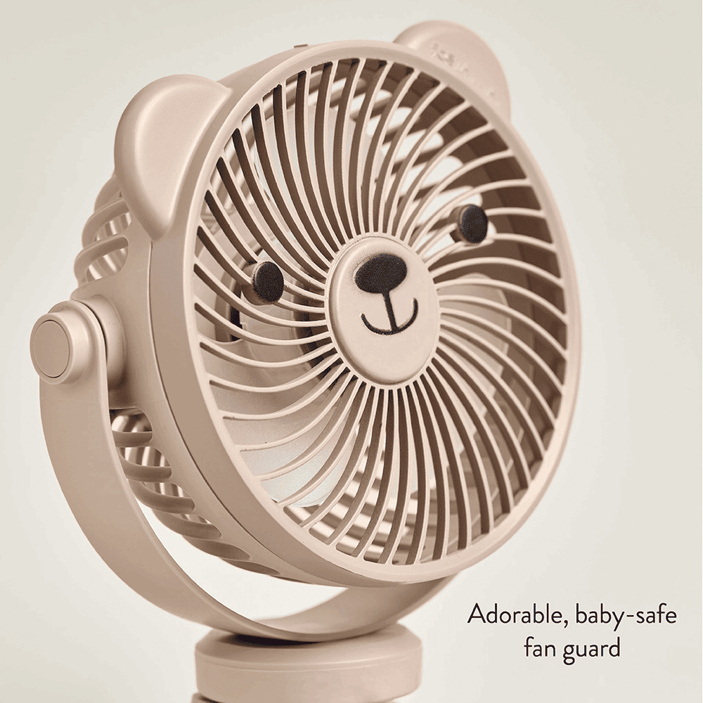 Itzy Ritzy Itzy Breeze stroller fan, 3-speed, beige with bear-face grille.