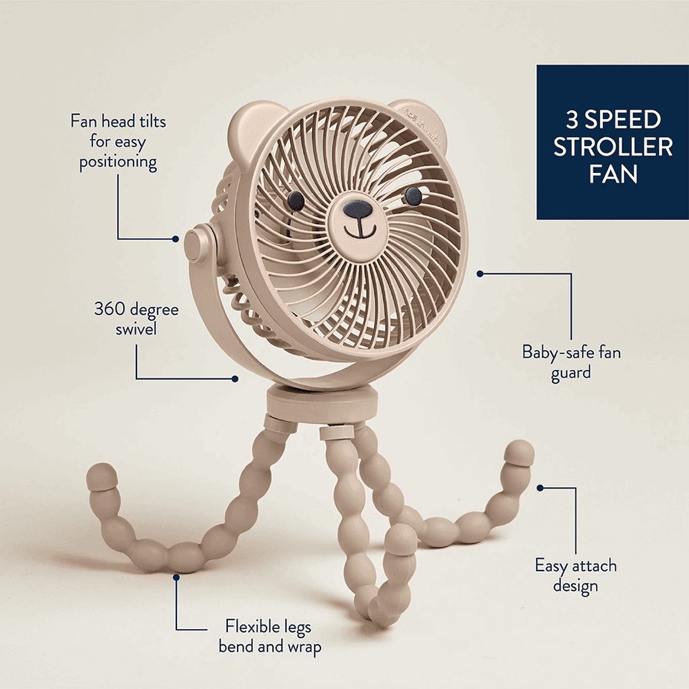 Itzy Ritzy Itzy Breeze 3-Speed Stroller Fan in beige with bear guard and 360 swivel