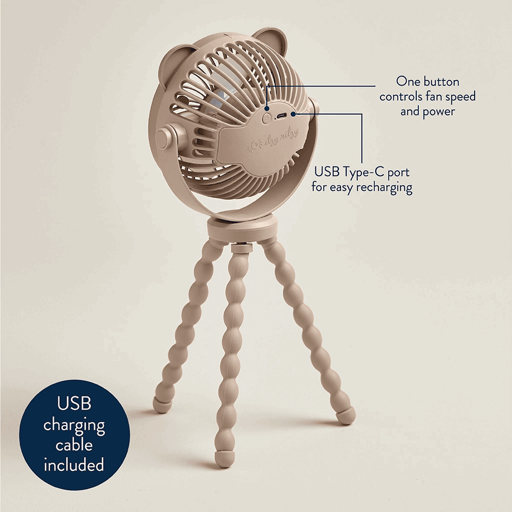 Itzy Ritzy Itzy Breeze 3-Speed Stroller Fan in beige with USB-C charging and flexible tripod legs