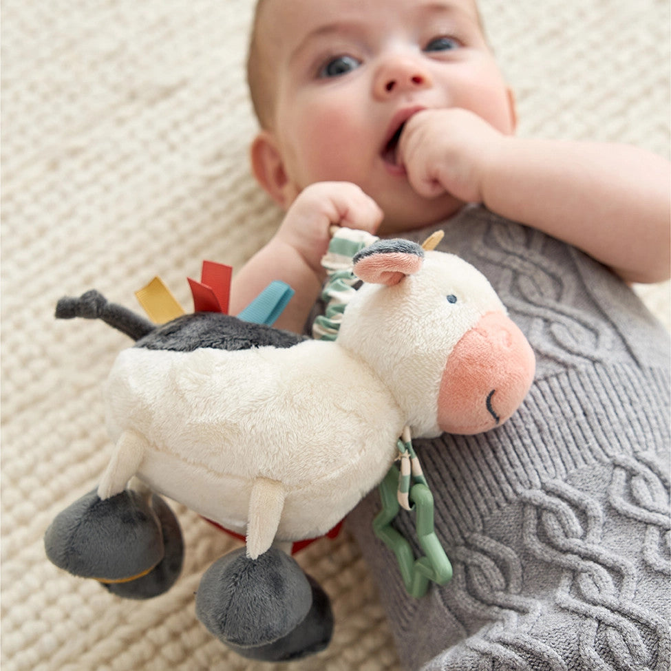 Itzy Ritzy Itzy Friends Link & Love Activity Plush cow toy with colorful ribbon tags for babies