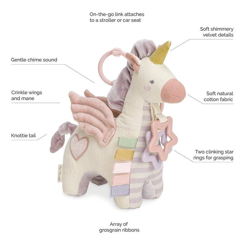 Itzy Ritzy Itzy Friends Link & Love activity plush unicorn with soft cotton fabric and pastel ribbons