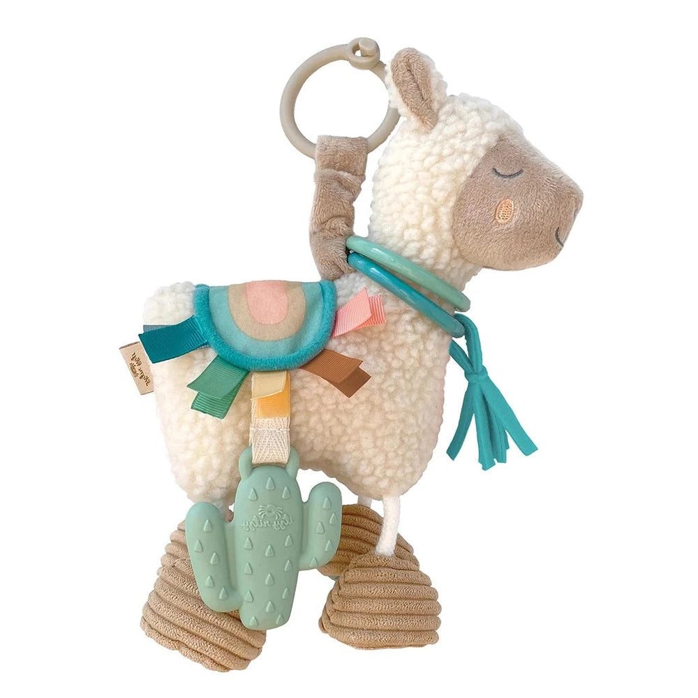 Itzy Ritzy Itzy Friends alpaca activity plush with teal scarf, rainbow ribbons, and mint cactus teether