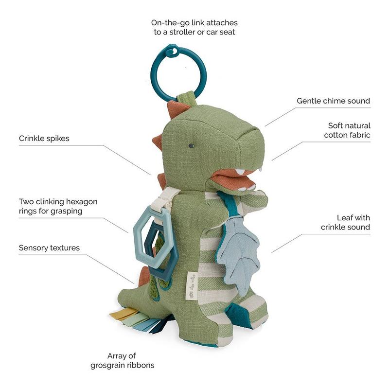 Itzy Ritzy Itzy Friends Link & Love Activity Plush dinosaur in green striped cotton with blue clip ring