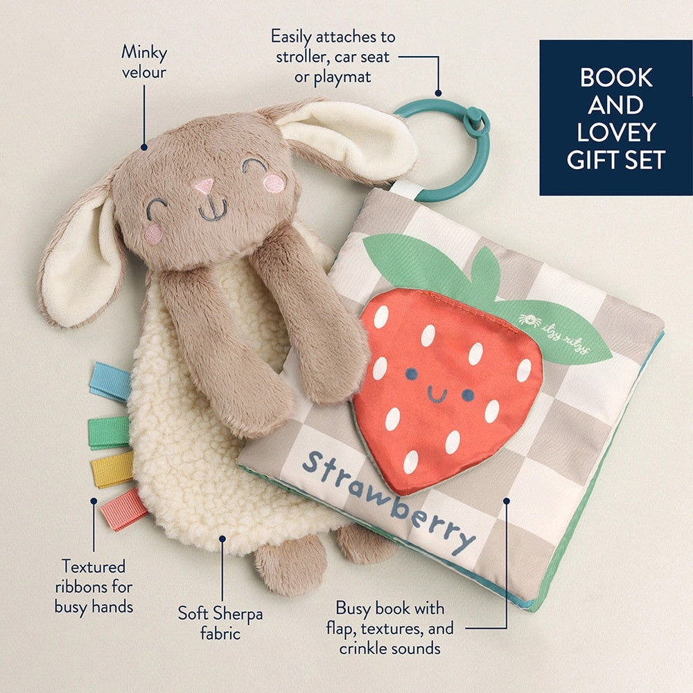Itzy Ritzy Learn & Snuggle Gift Set with plush bunny, strawberry book, sherpa fabric, and textured ribbons