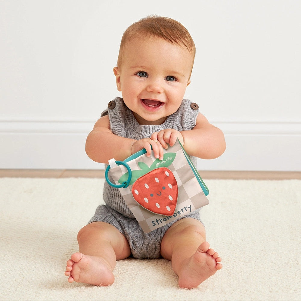 Itzy Ritzy Learn & Snuggle Gift Set baby toy with a strawberry applique on gray check fabric