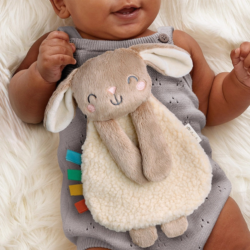 Itzy Ritzy Learn & Snuggle plush bunny toy with cream fleece body and gray outfit