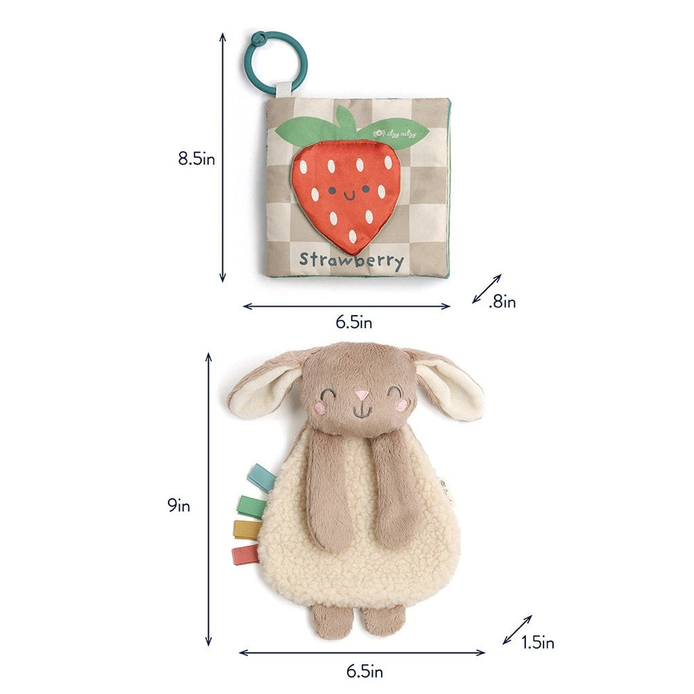 Itzy Ritzy Learn & Snuggle Gift Set: strawberry fabric book and plush bunny rattle with rainbow tags, 2 pieces