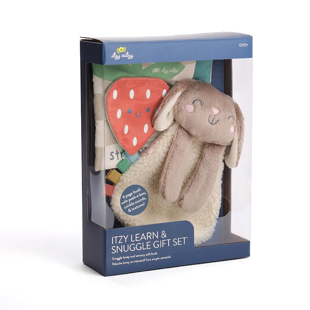 Itzy Ritzy Itzy Learn & Snuggle Gift Set: plush bunny toy with strawberry applique and soft sensory book