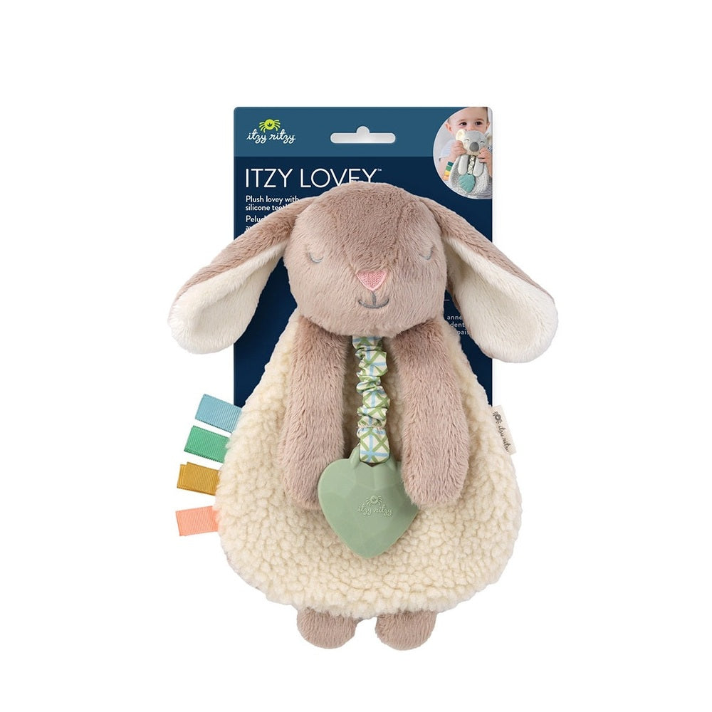 Itzy Ritzy Itzy Lovey plush and teether bunny toy in tan with cream ears and pastel ribbons