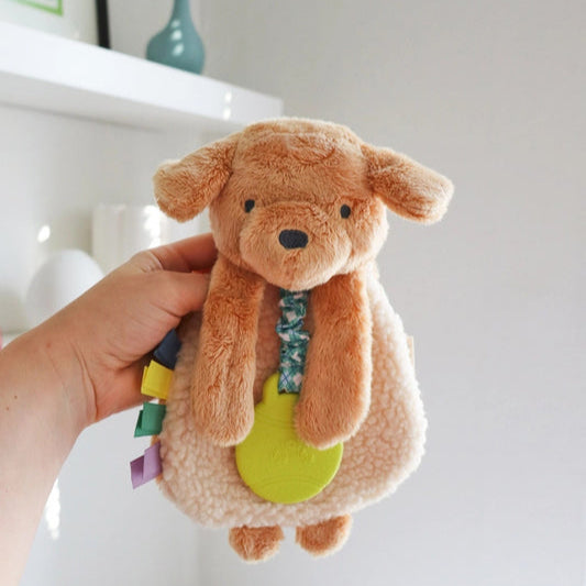 Itzy Ritzy Lovey plush and teether toy, beige dog with lime-green teether and multicolor ribbons