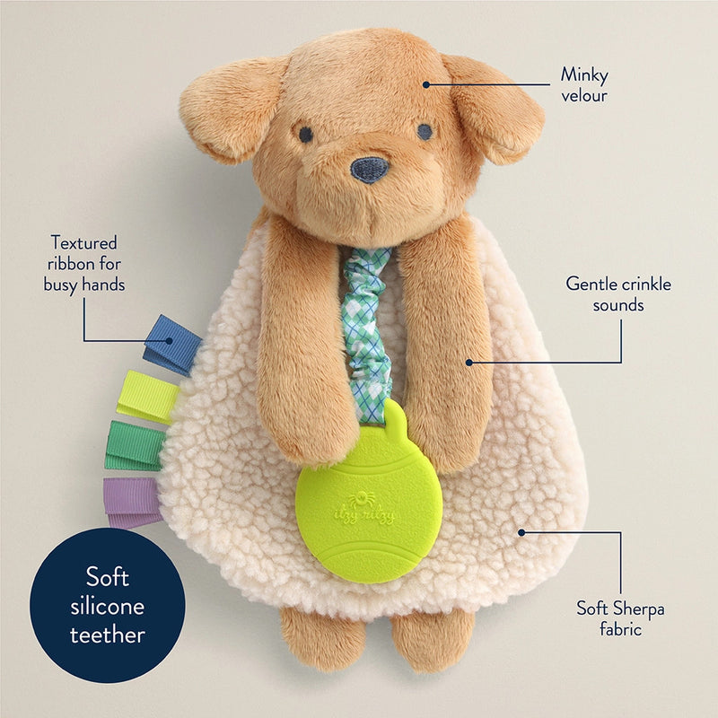 Itzy Ritzy lovey plush and teether toy; beige minky velour dog with lime silicone teether and soft sherpa fabric