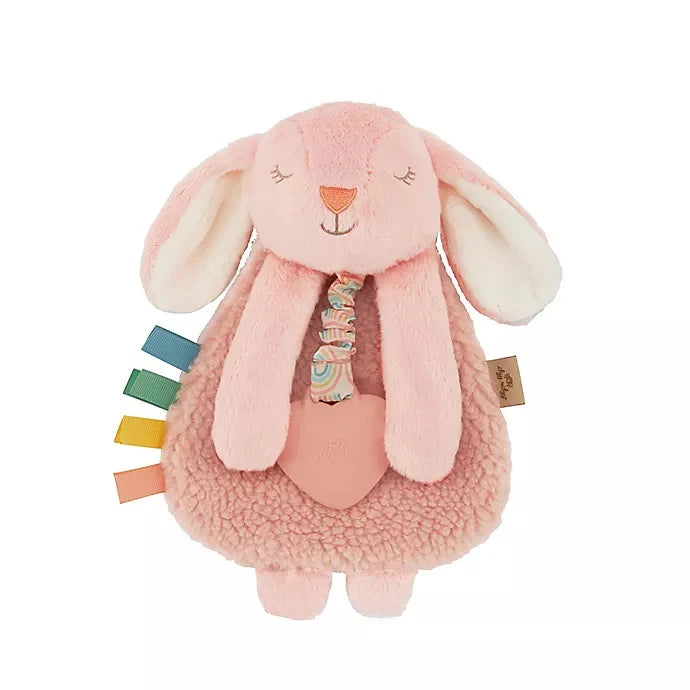Itzy Ritzy Itzy Lovey plush and teether bunny in pink with colorful ribbon teether