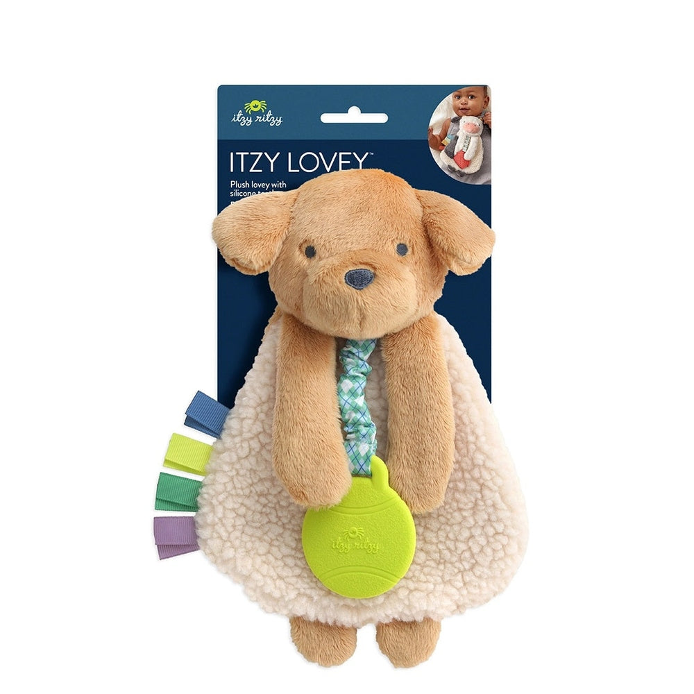ITZY RITZY Itzy Lovey plush dog teether toy with lime green disc and rainbow ribbon tags