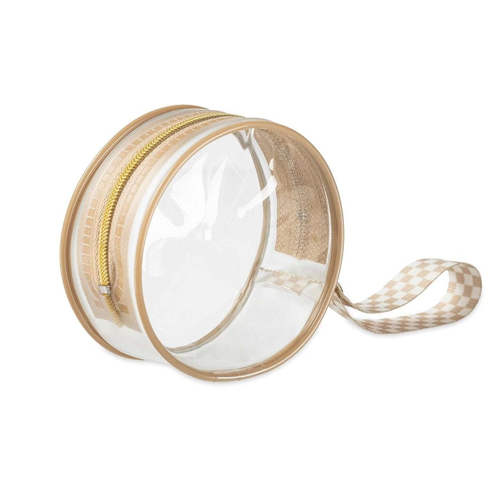 Itzy Ritzy Paci Case, clear round case with beige zipper and checkered strap