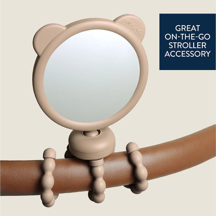Itzy Ritzy Itzy Peek Stroller Mirror with beige bear-ear frame and beaded strap
