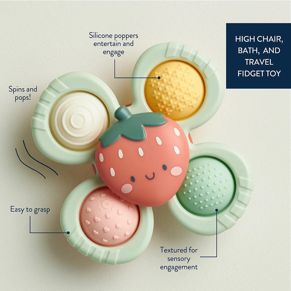 Itzy Ritzy Itzy Pop & Whirl strawberry fidget toy with silicone poppers and textured panels