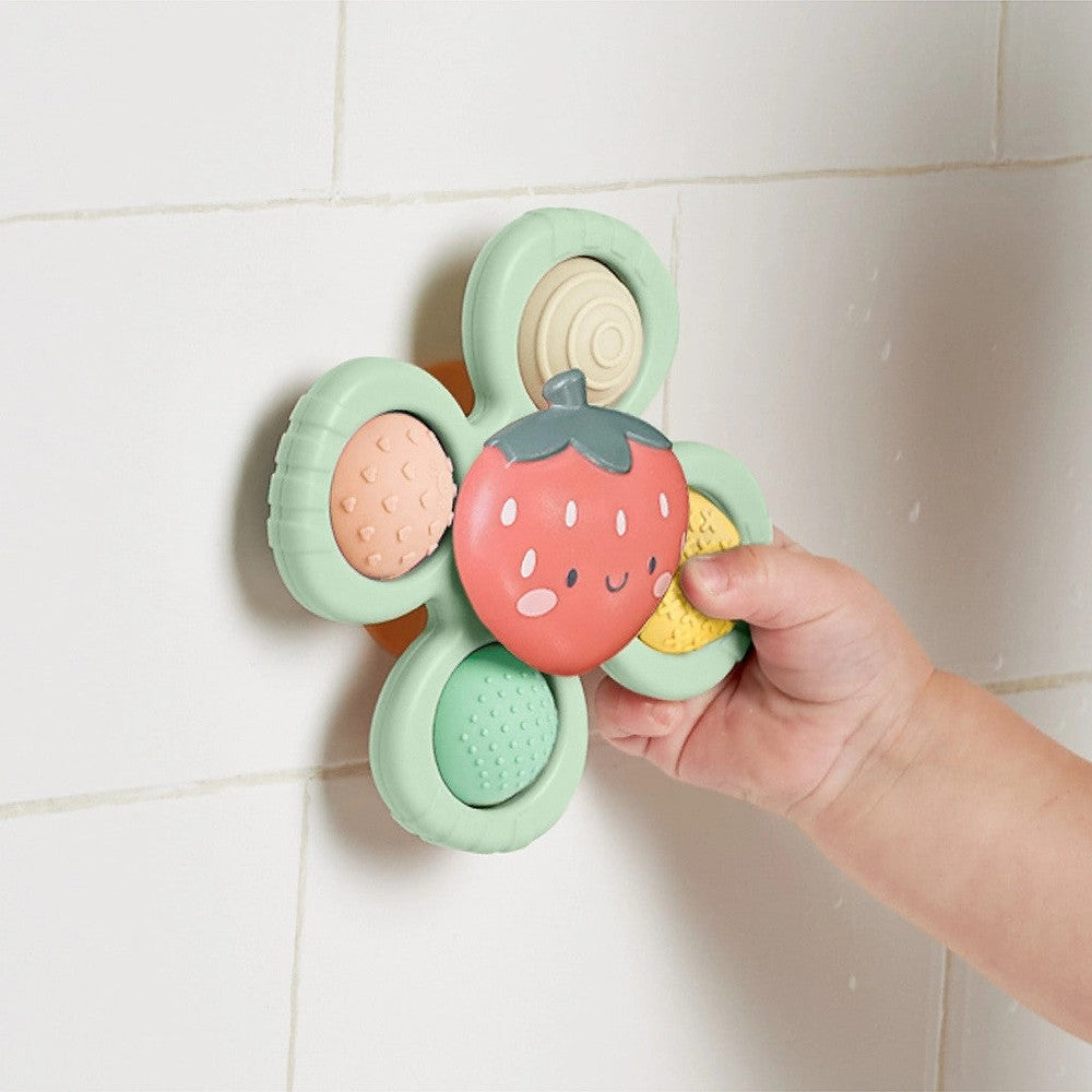 Itzy Ritzy Itzy Pop & Whirl strawberry flower toy for babies with pastel mint petals