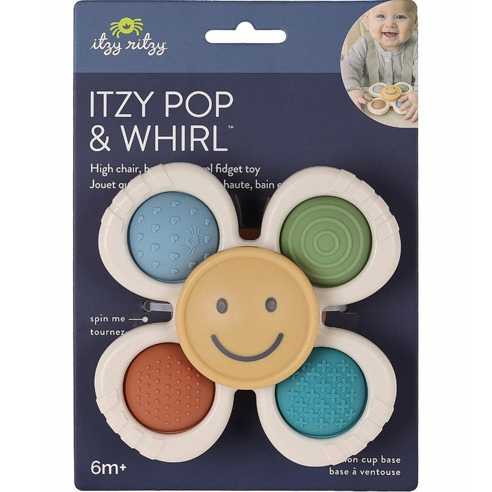 Itzy Ritzy Itzy Pop & Whirl five-petal baby fidget toy with textured petals and a smiling yellow center