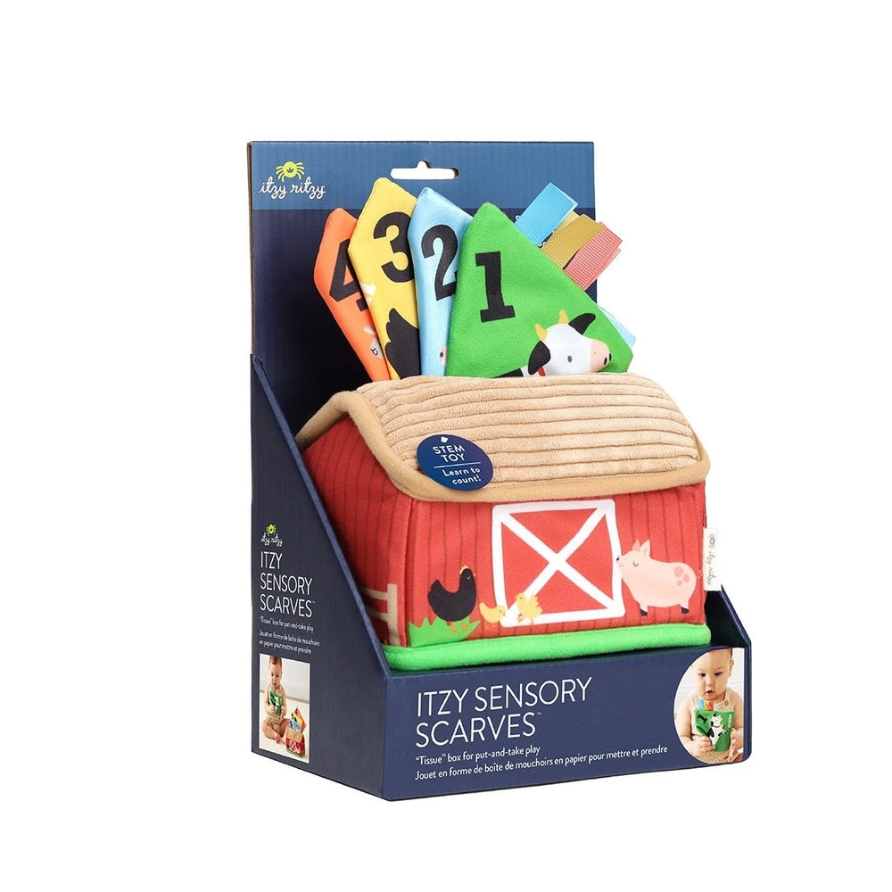 Itzy Ritzy sensory scarves set in a red barn pouch with colorful numbered fabric scarves