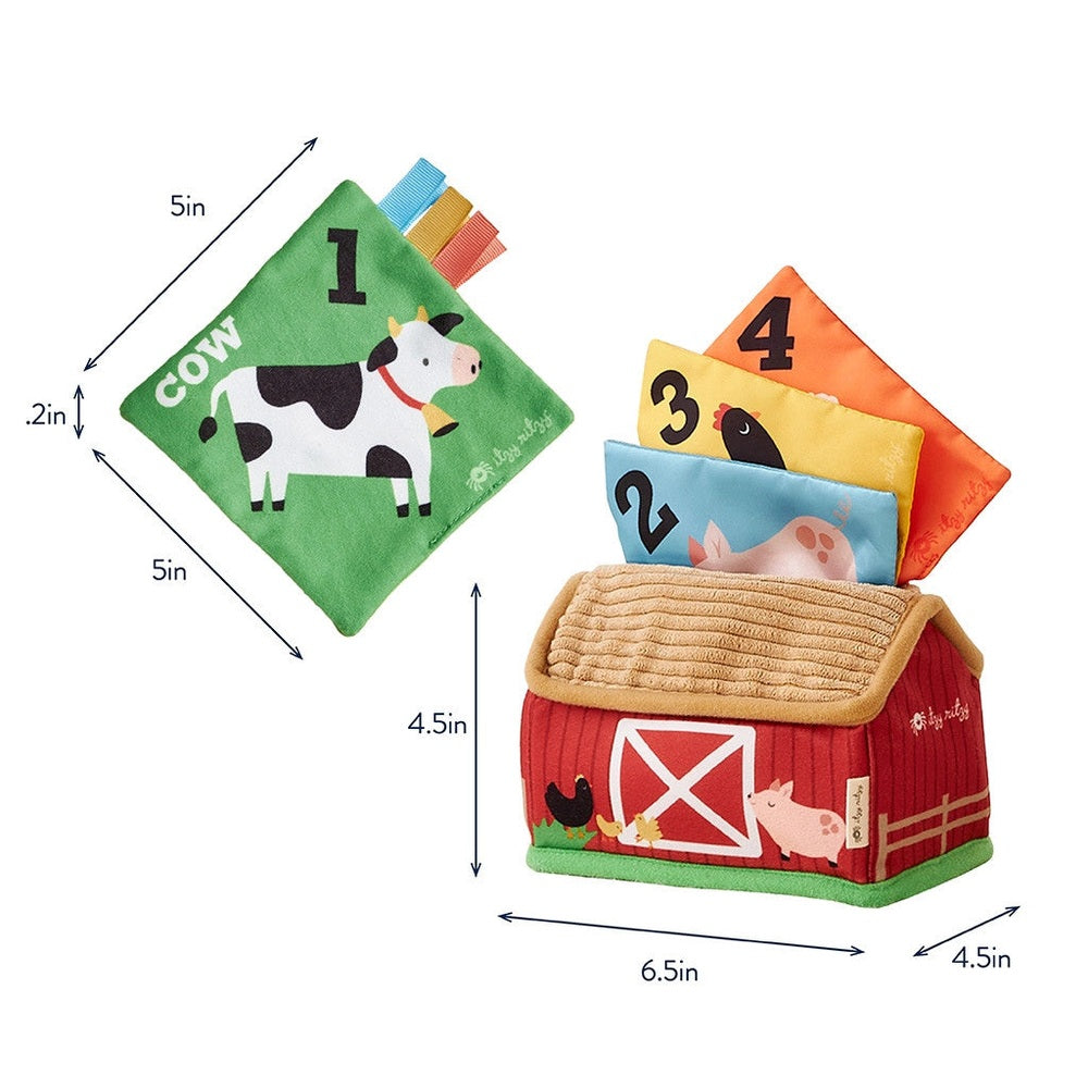 Itzy Ritzy sensory scarves set of 4 numbered scarves with a farm barn toy