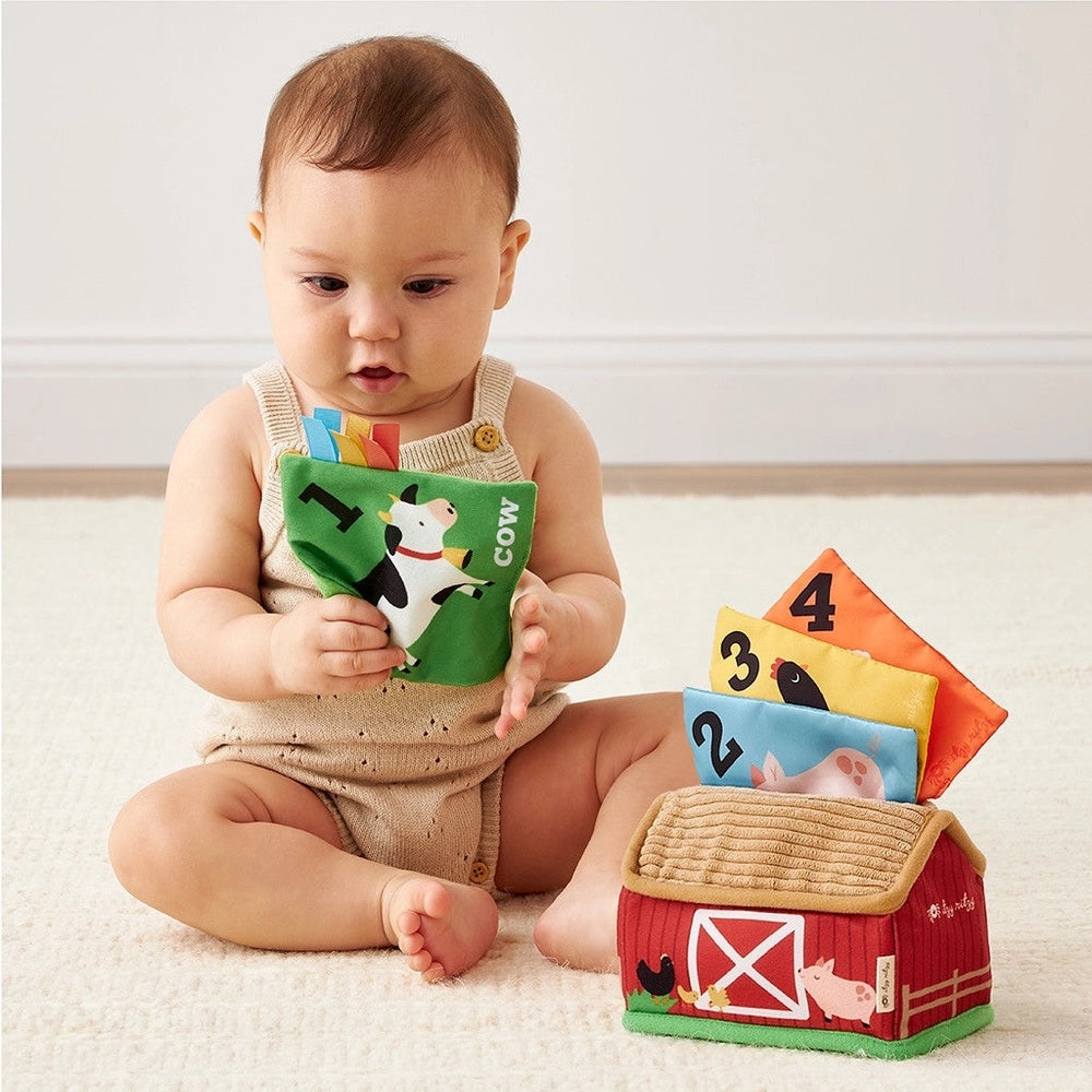 Itzy Ritzy sensory scarves; set of four colorful fabric squares with numbers 1-4 near a red barn toy