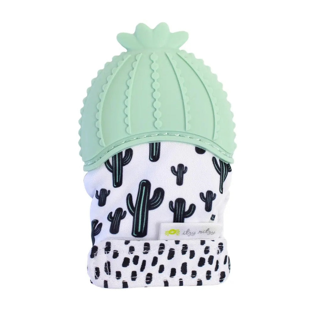 Itzy Ritzy Itzy Silicone Teething Mitts in mint green cactus cap, worn on hand over white cactus-print cuff.