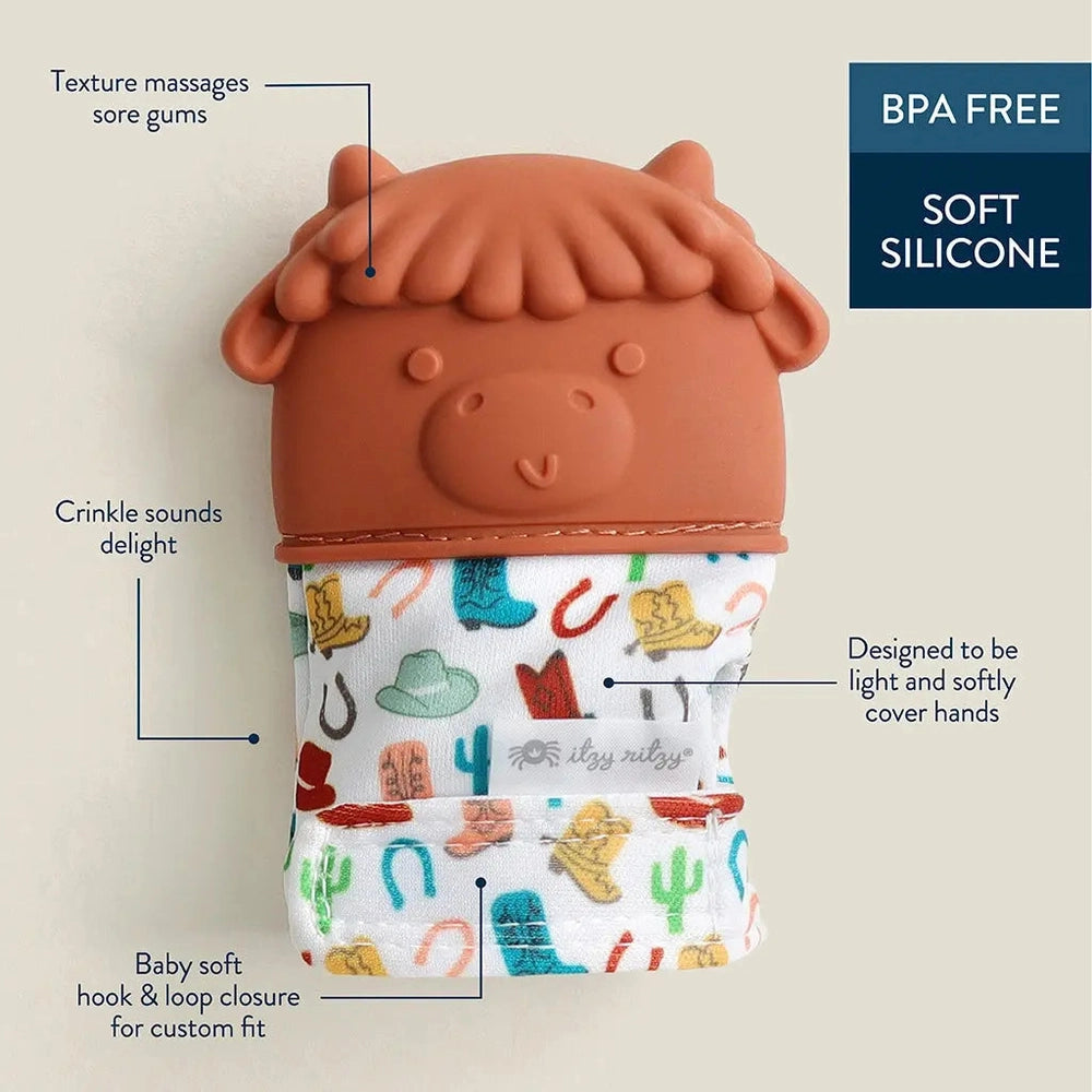Itzy Ritzy Itzy Silicone Teething Mitts, BPA-free soft silicone with crinkle sounds worn on a baby's hand
