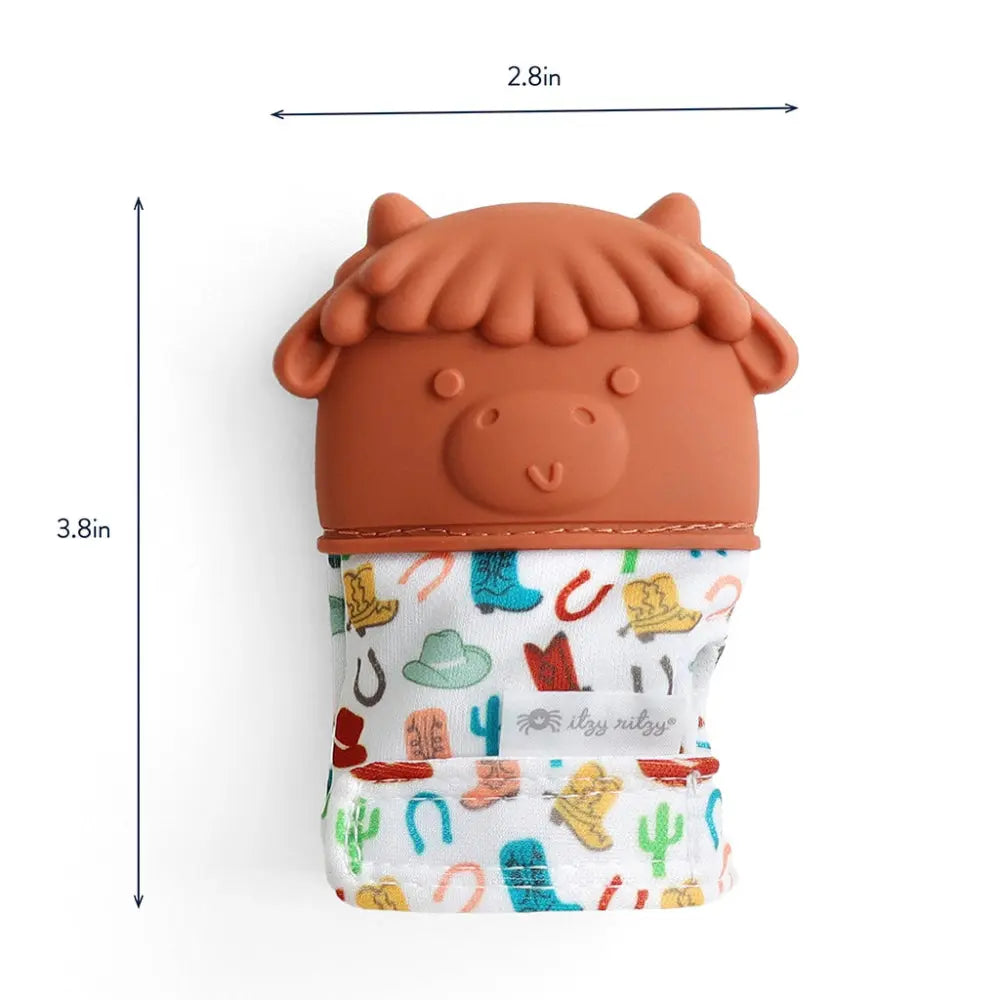 Itzy Ritzy Itzy Silicone Teething Mitts: terracotta head, colorful desert-print fabric sleeve ready for chewing.