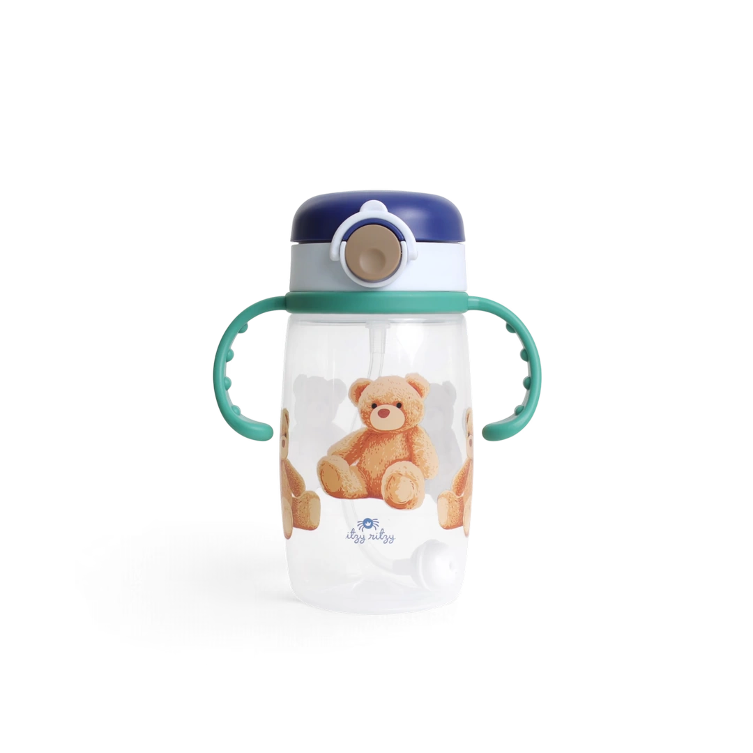 Itzy Ritzy Itzy Sips Straw Cup in Bear, full cup with snap-close lid