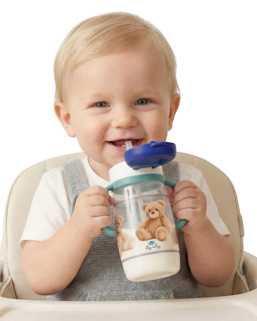 Itzy Ritzy Itzy Sips Straw Cup in Bear, child drinking from the Bear straw cup