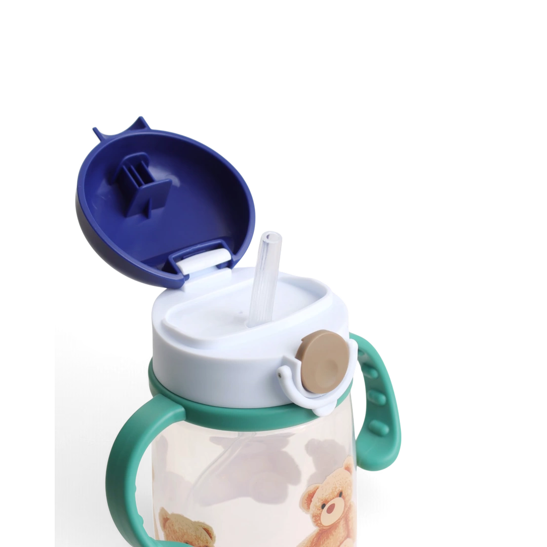 Itzy Ritzy Itzy Sips Straw Cup in Bear, open snap-close lid and straw detail