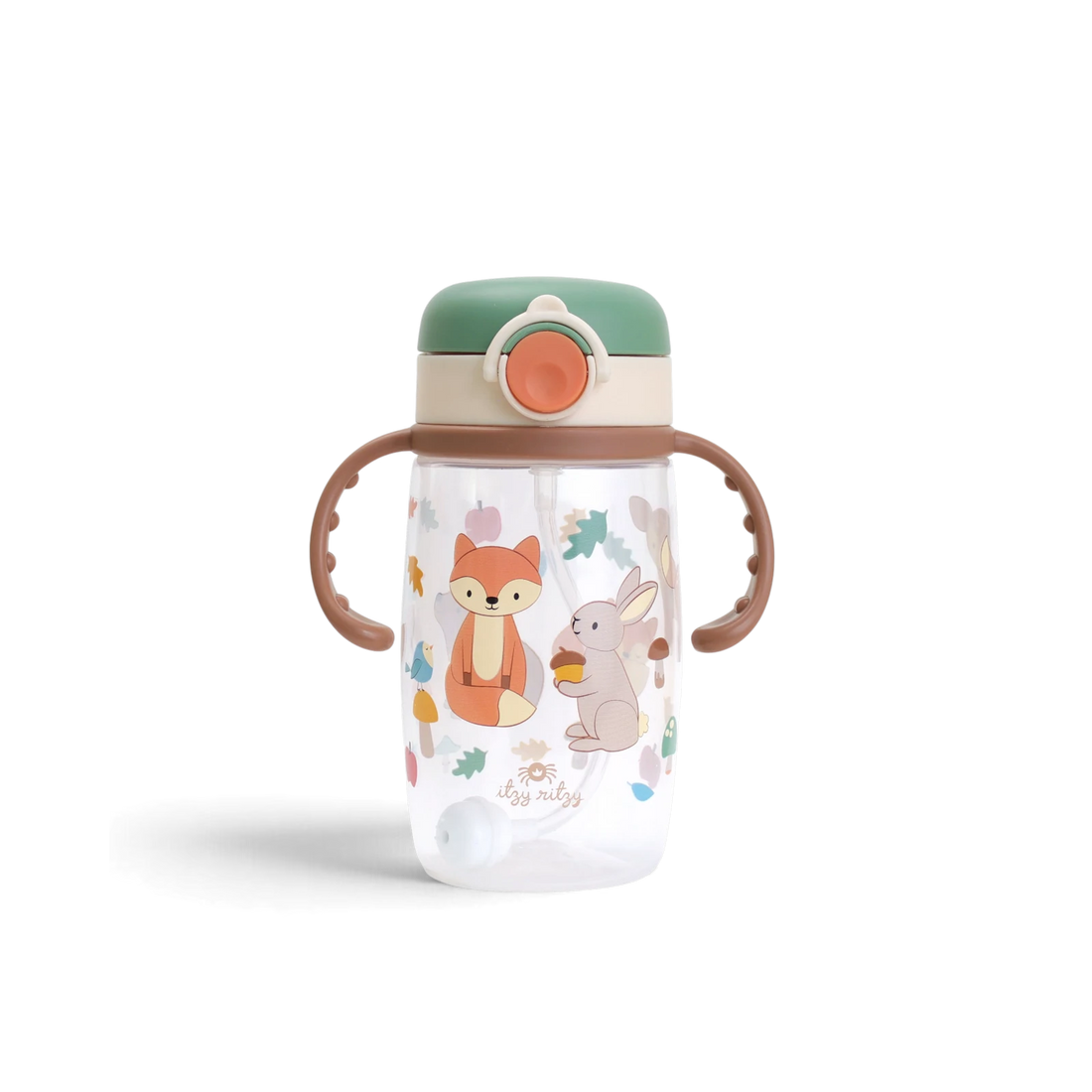 Itzy Ritzy Itzy Sips Woodland straw cup with closed green lid and brown handles
