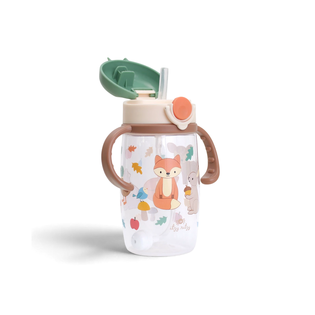 Itzy Ritzy Itzy Sips Woodland cup with flip-top lid open and straw visible
