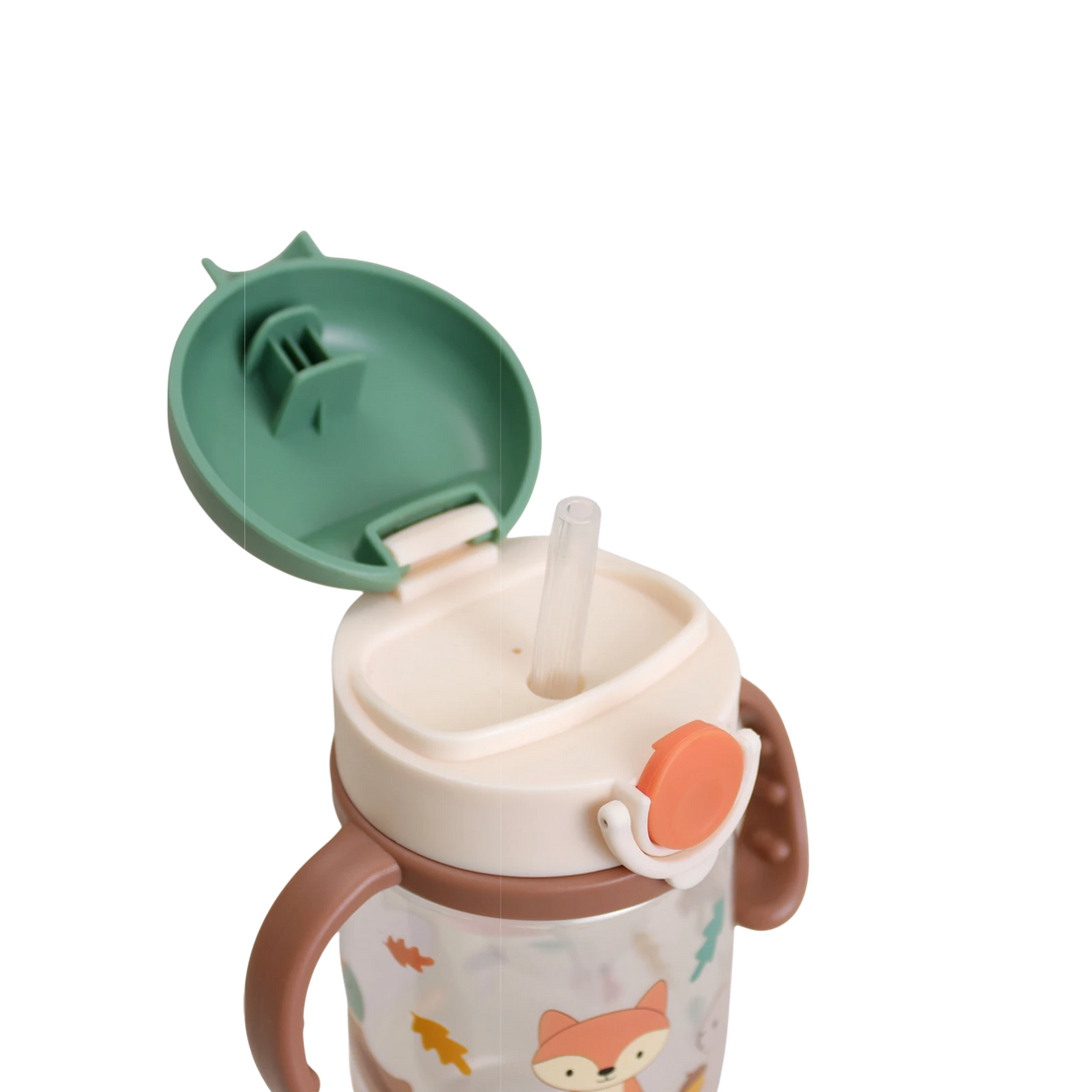 Close-up of the open green lid, orange clasp and straw on the Itzy Sips Woodland cup