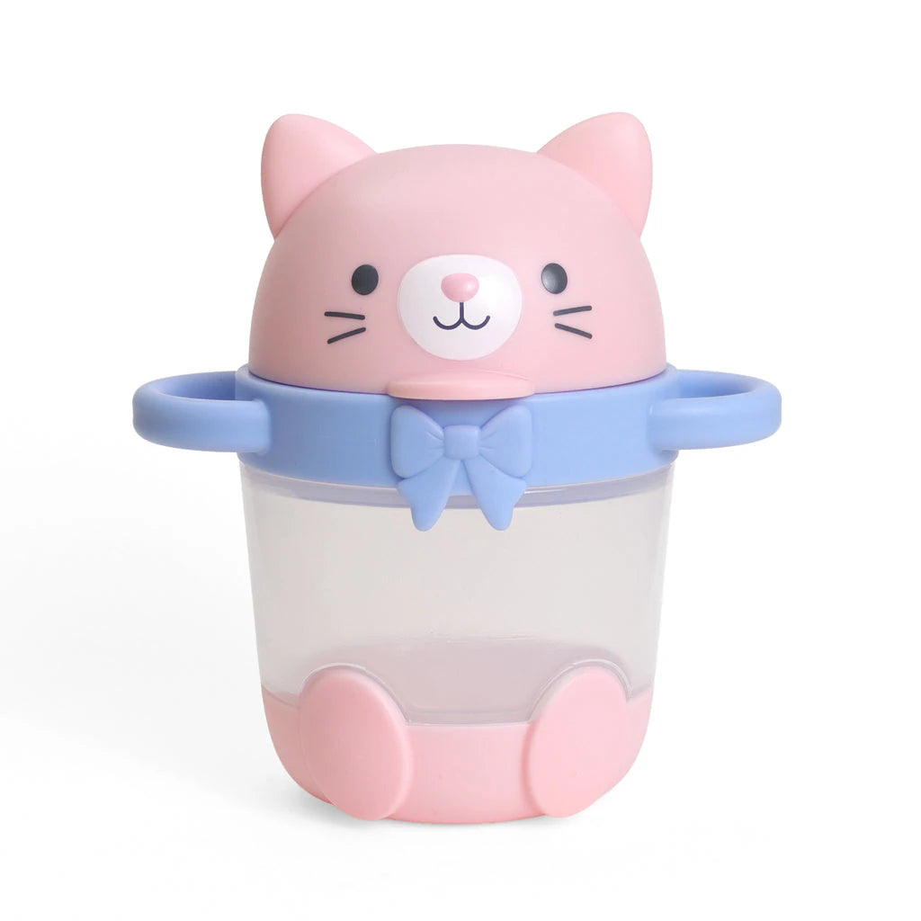 Itzy Ritzy Itzy Snack Pal Kitty mess-free snack cup with pink cat lid, blue handles and clear sides.