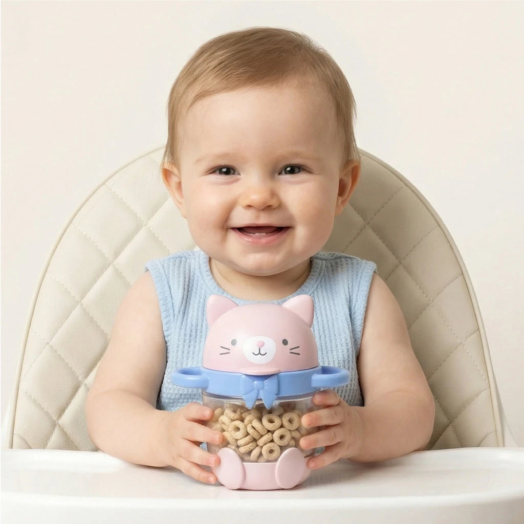 Baby holding the Itzy Ritzy Itzy Snack Pal Kitty snack cup in a high chair.