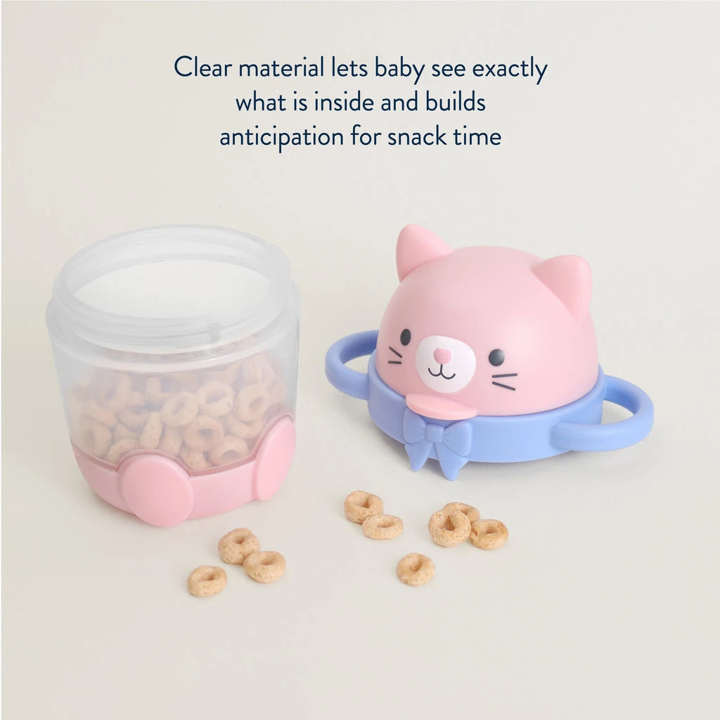 Itzy Ritzy Itzy Snack Pal Kitty cup with snacks visible through clear sides and the character lid beside it.