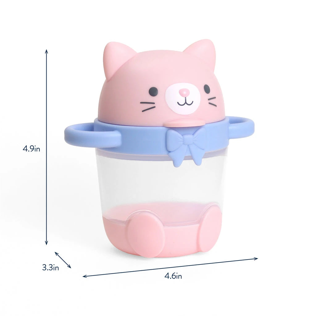 Itzy Ritzy Itzy Snack Pal Kitty dimensions diagram showing the cup height, length and width.