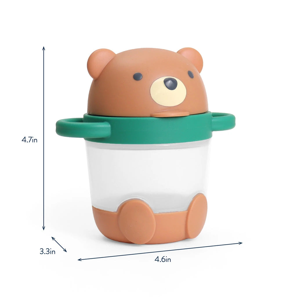 Itzy Ritzy Itzy Snack Pal Bear dimensions diagram showing the cup height, length and width.