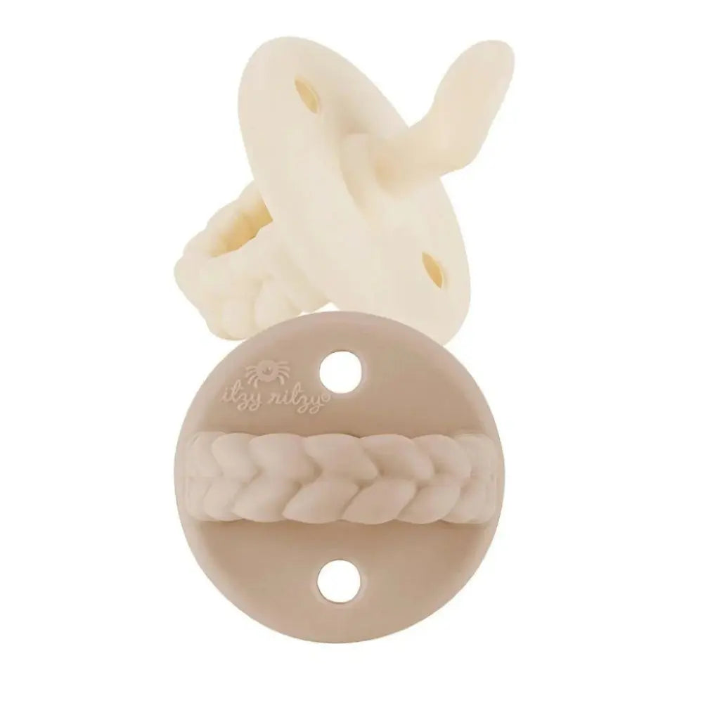 ITZY RITZY Itzy Soother Natural Rubber Pacifier Set 0-6M, beige round pacifier with braided strap